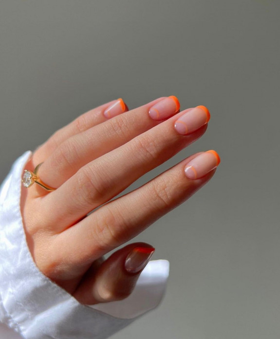 54 Cute French Tip Nail Ideas — Orange French Tip & Half Moon Line Nails