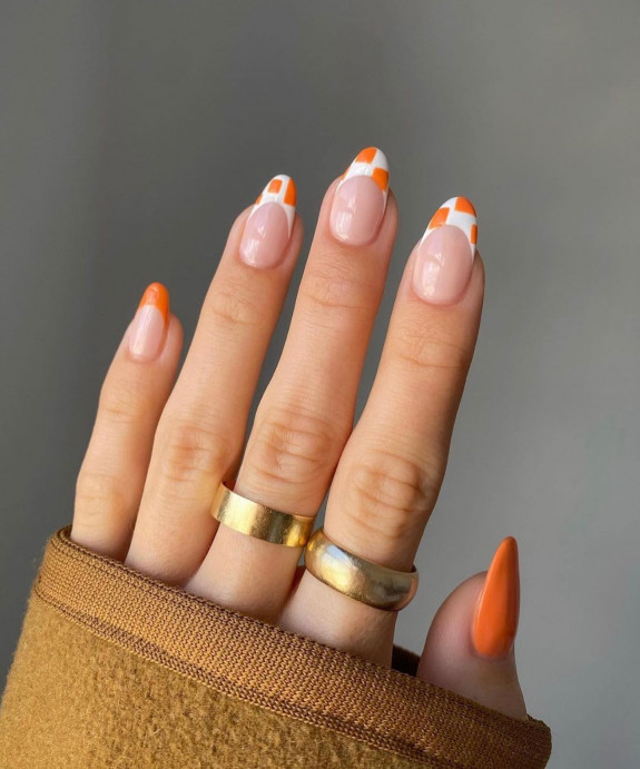 54 Cute French Tip Nail Ideas — Orange and White Checker Board French Tips