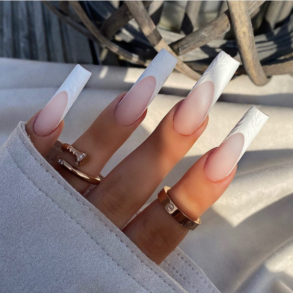 31 White Nails With Design — Leave Embossed French Tip Acrylic Nails