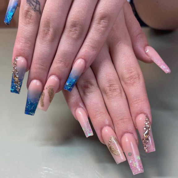 36 Gender Reveal Nail Ideas — Blue and Pink Glitter Acrylic Nails