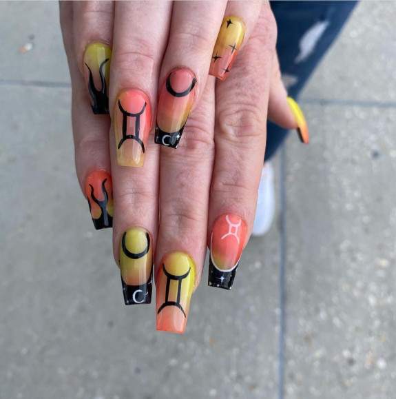 30 Best Gemini Nail Designs — Ombre Orange and Yellow Acrylic Nails