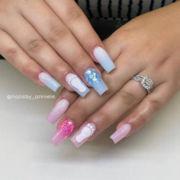 36 Gender Reveal Nail Ideas — Ombre Pink and Blue Nails with Foot Prints