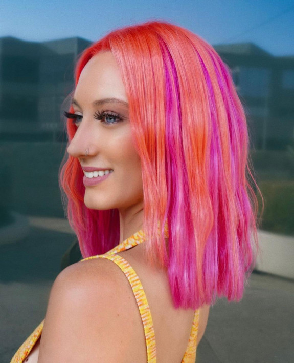 35 Crazy Hair Color Ideas — Lob Haircut with Orange and Pink Hair Color