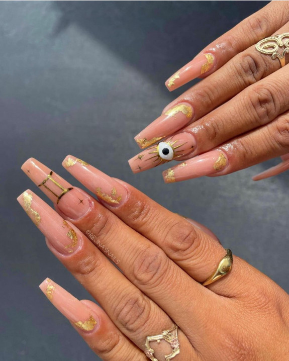 30 Best Gemini Nail Designs — Acrylic Nude Coffin Nails with Gold Flake