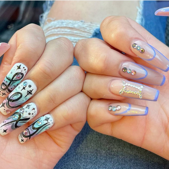 30 Best Gemini Nail Designs — Blue Double French Gemini Nails