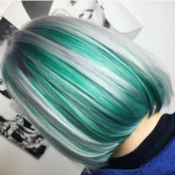 35 Crazy Hair Color Ideas — Grey and Green Hair Color Lob Haircut