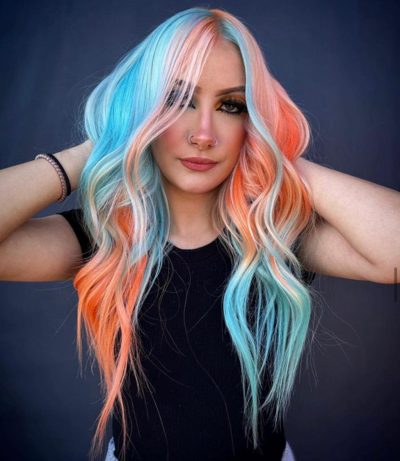 35 Crazy Hair Color Ideas — Long Hair with Peach and Blue Hair Color