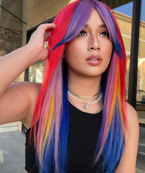 35 Crazy Hair Color Ideas — Red, Blue, Yellow Hair Color with Lavender Curtain Bangs