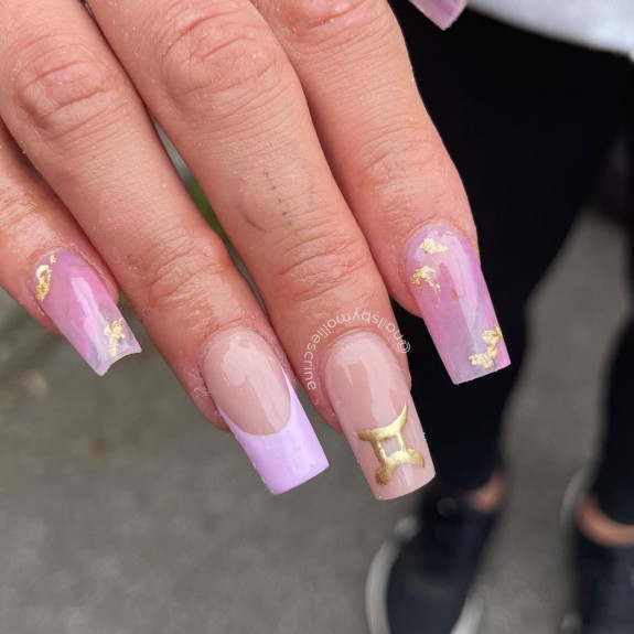 30 Best Gemini Nail Designs — Marble Pink + French Tip Nails with Gemini Sign