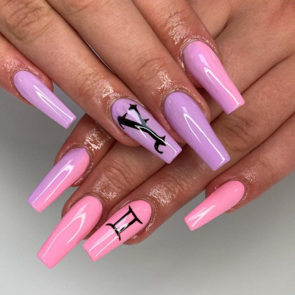 30 Best Gemini Nail Designs — Pink and Lilac Acrylic Coffin Nails