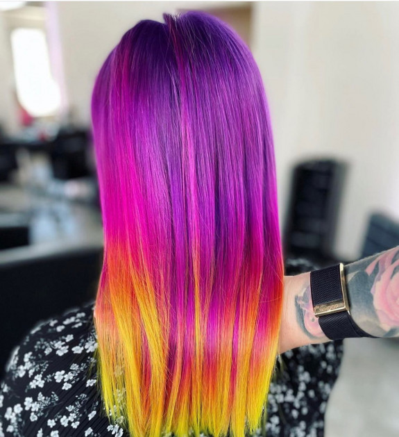 35 Crazy Hair Color Ideas — Ombre Bright Purple To Yellow Hair Color