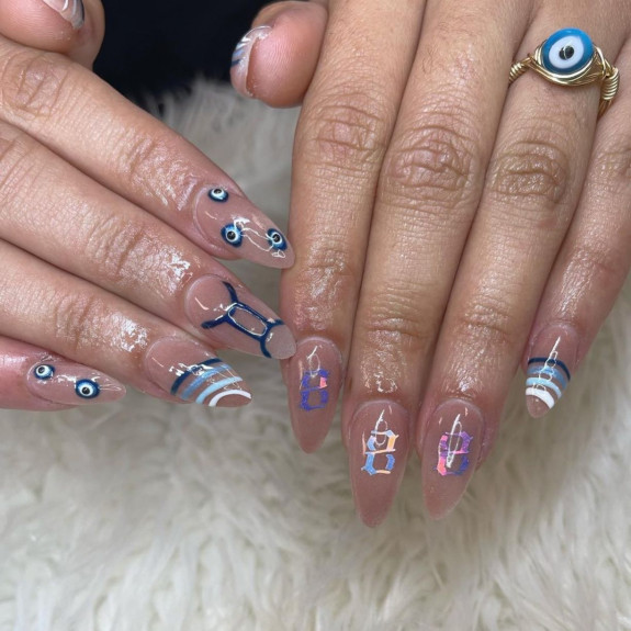 30 Best Gemini Nail Designs — Evil Eyes + Gemini Sign Sheer Nails