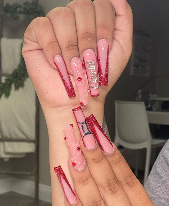 30 Best Gemini Nail Designs — Glitter Red Acrylic Nails