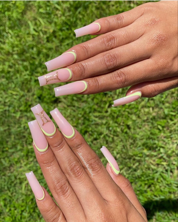 30 Best Gemini Nail Designs — Yellow Cuff Nude Acrylic Nails