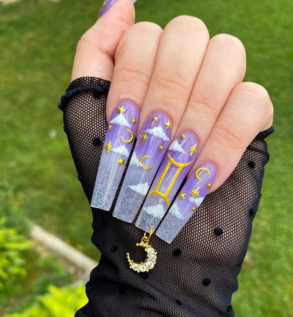 30 Best Gemini Nail Designs — Purple Ombre Acrylic Gemini Sign Nails