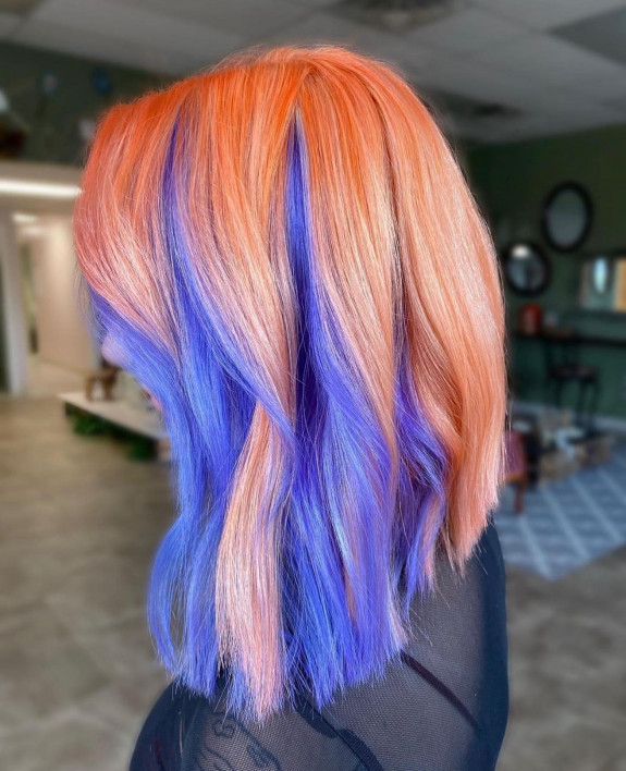 35 Crazy Hair Color Ideas — Orange and Indigo Pee-Ka-Boo