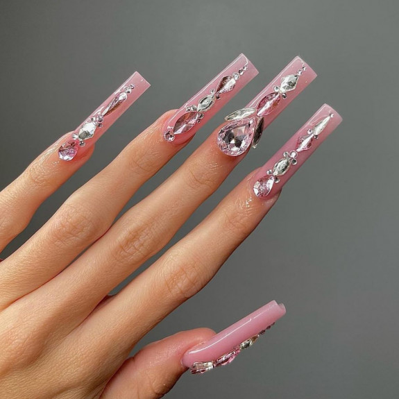 30 Best Gemini Nail Designs — Rhinestone Pink Acrylic Nails