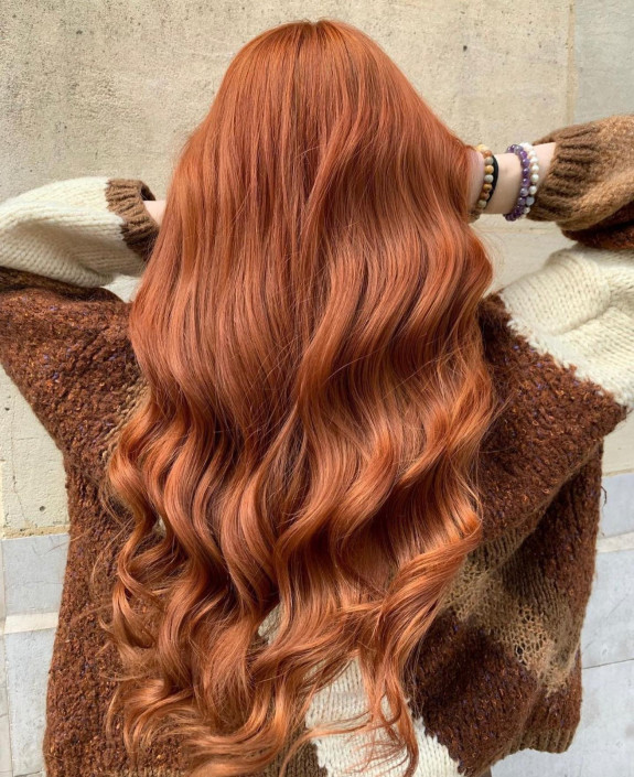 33 Ginger Brown Hair Color Ideas — Balayage Ginger Brown Long Hair with Waves