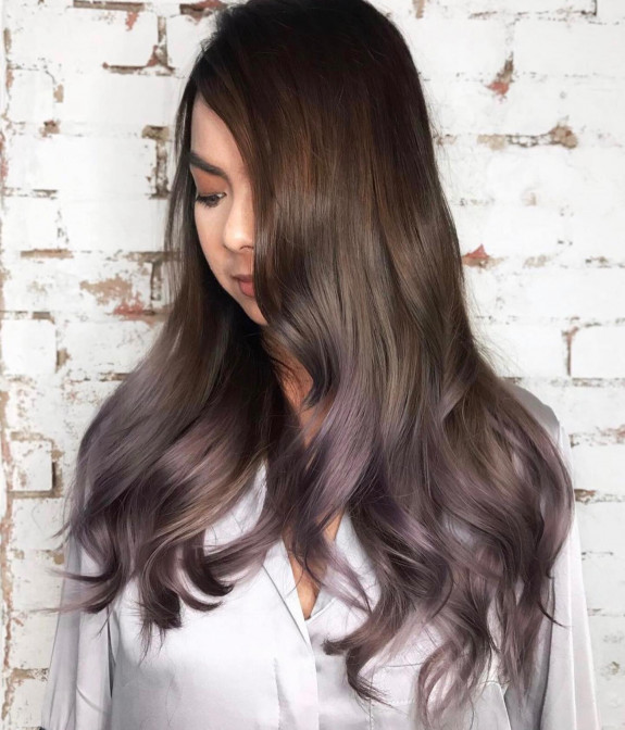 25 Best  Brown Lavender Hair Color Ideas — Dusted Lavender Brown Long Hair