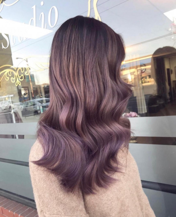 25 Best  Brown Lavender Hair Color Ideas — Brown Lavender Long Hair with Shadow Roots