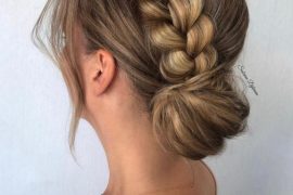 french-braided bun chignon, braided bun with weaves, braided ballerina bun, braided bun with bangs, easy braid bun hairstyles, cute braided bun hairstyles, braids with a bun on top, braided bun hairstyles for black hair, wedding hairstyle, bridal braided bun, wedding braided bun hairstyle. French braided low bun with polished side strands and soft volume