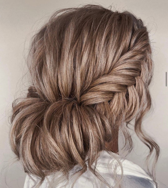 33 Braided Bun Hairstyle Ideas — Fishtail Braid + Rolled Up Bun