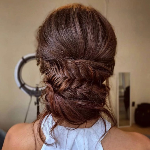 33 Braided Bun Hairstyle Ideas — Cascading Fishtail Braided Bun Hairstyle