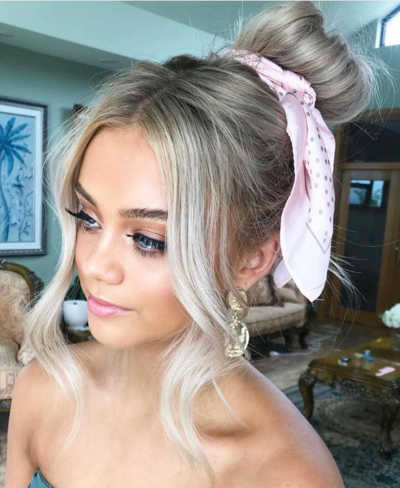 47 Summer Hairstyles 2022 — Top Knot with a Hair Scarf