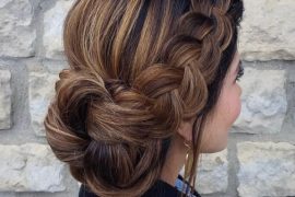 french-braided bun chignon, braided bun with weaves, braided ballerina bun, braided bun with bangs, easy braid bun hairstyles, cute braided bun hairstyles, braids with a bun on top, braided bun hairstyles for black hair, wedding hairstyle, bridal braided bun, wedding braided bun hairstyleVoluminous classic braided bun wedding hairstyle on medium-length ha
