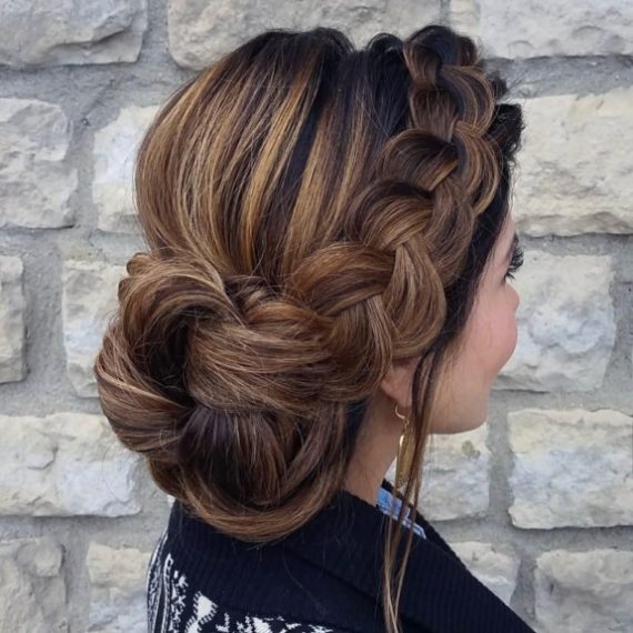 french-braided bun chignon, braided bun with weaves, braided ballerina bun, braided bun with bangs, easy braid bun hairstyles, cute braided bun hairstyles, braids with a bun on top, braided bun hairstyles for black hair, wedding hairstyle, bridal braided bun, wedding braided bun hairstyleVoluminous classic braided bun wedding hairstyle on medium-length ha