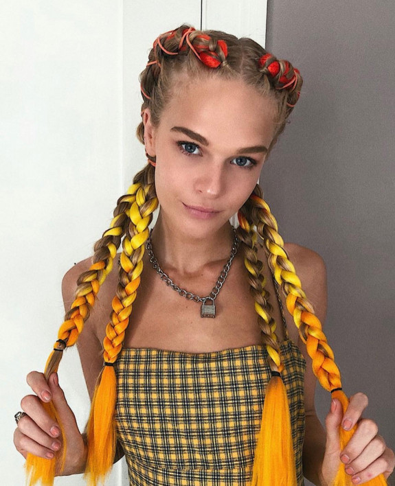 40 Cute and Colorful Festival Hairstyles — Red + Ombre Yellow Orange Braids