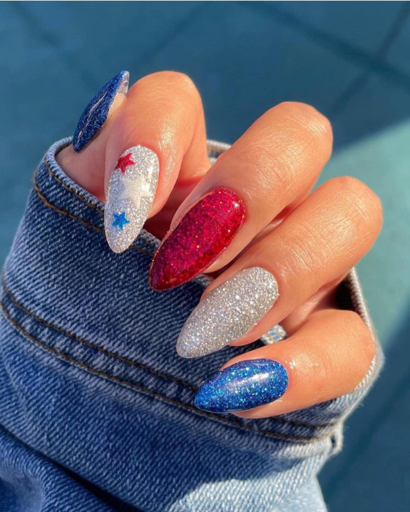 38 Cute Memorial Day Nails — Shimmery Blue, Red and Silver Nails