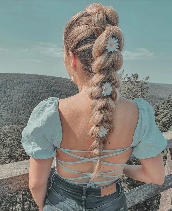 40 Cute Summer Hairstyles — Dutch Pull Through Braids with Flowers in Hair