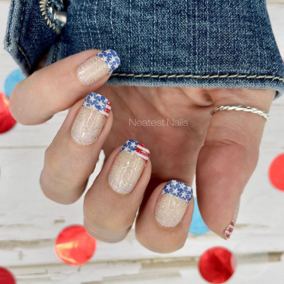 38 Cute Memorial Day Nails — American Flag French Tip Shimmery Nails