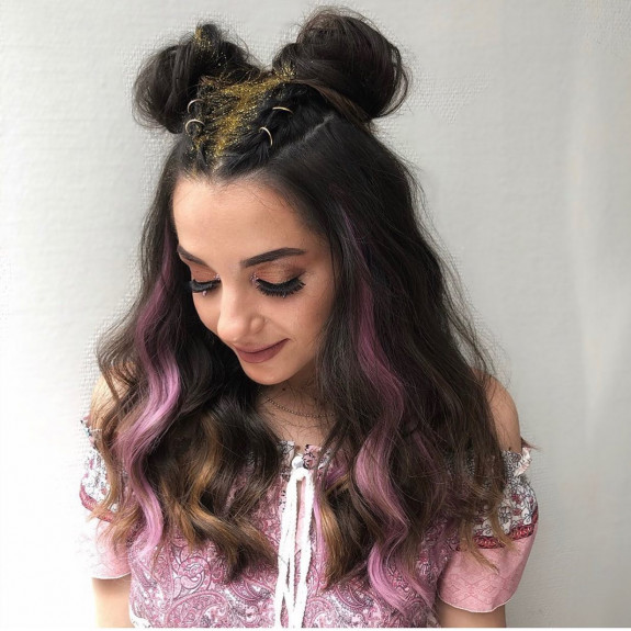 43 Music Festival Hair Ideas — Space Buns with Glitter