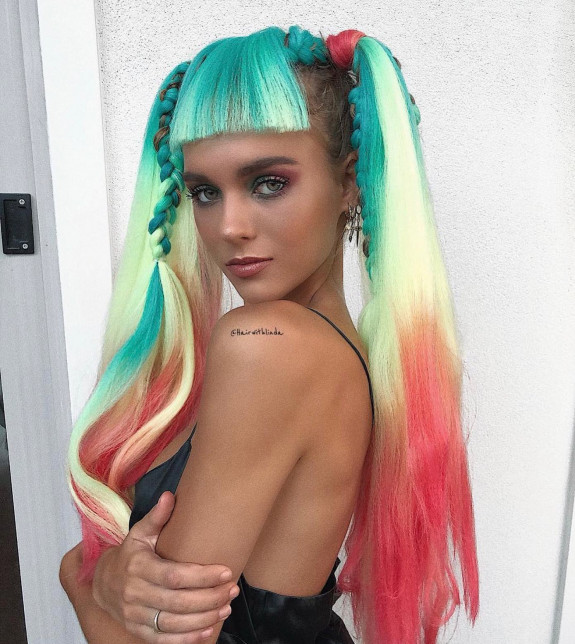 43 Music Festival Hair Ideas — Green and Pink Pigtails