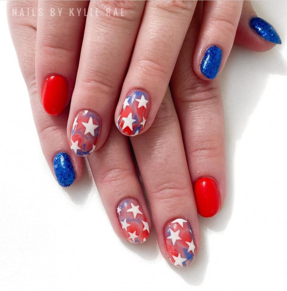 38 Cute Memorial Day Nails — White Star Blue and Red Nails