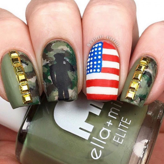 38 Cute Memorial Day Nails — Green Camouflage & Flag Nails