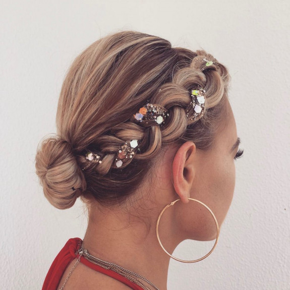 43 Music Festival Hair Ideas — Crown Braid Bun + Glitter