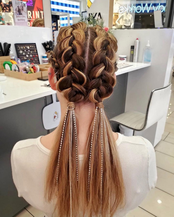 43 Music Festival Hair Ideas — Dutch Braid Pigtails with Crystal Chains