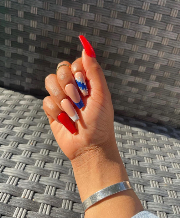 38 Cute Memorial Day Nails — White and Red Tip Coffin Nails