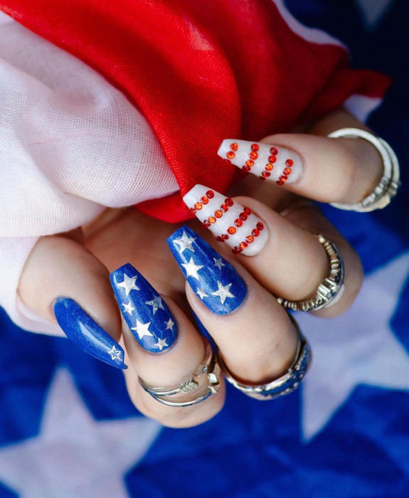 38 Cute Memorial Day Nails — White Star Blue + Red Bead White Nails