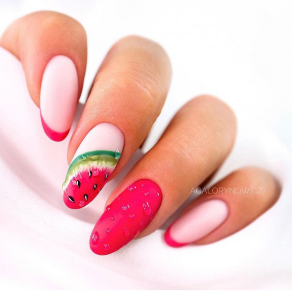 40 Watermelon Nails Designs — Watermelon + Hot Pink French Tip Nails