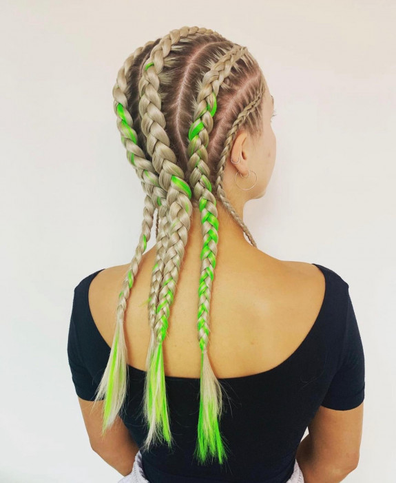 43 Music Festival Hair Ideas — Green and Blonde Braid Braids