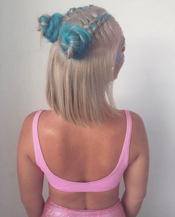 40 Cute and Colorful Festival Hairstyles — Green Twisted Bun + Braids for Bob Length