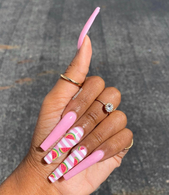 40 Watermelon Nails Designs — Watermelon Pink Striped Nails