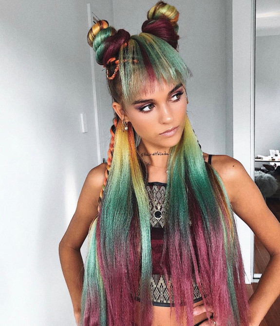 40 Cute and Colorful Festival Hairstyles — Multi-Colored Braids + Buns