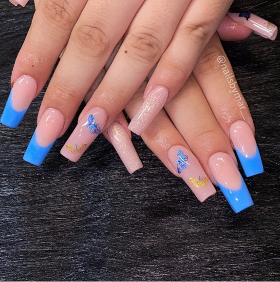 37 Sky Blue French Tip Nails — Blue and Gold Butterfly Blue Tip Nails