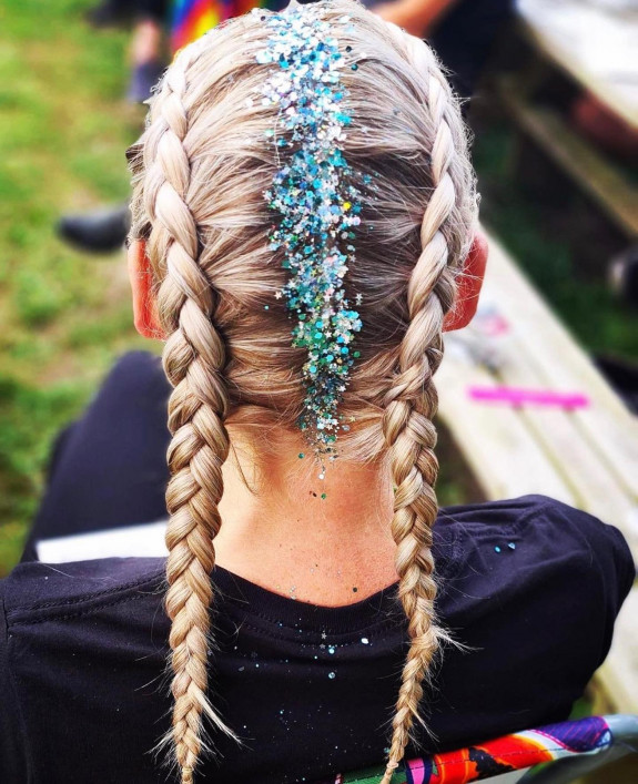 40 Cute and Colorful Festival Hairstyles — Dutch Pigtail Braids + Glitter