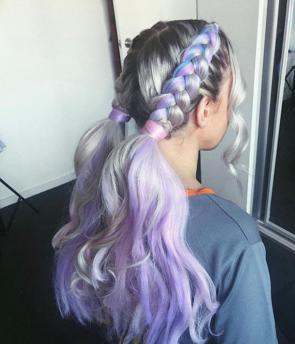 40 Cute and Colorful Festival Hairstyles — Lilac French Braid Pigtails